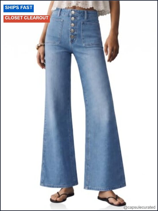 Denim - Wide Leg High Waisted Jeans with Stretch, Front Pockets, Vintage Baggy Flare